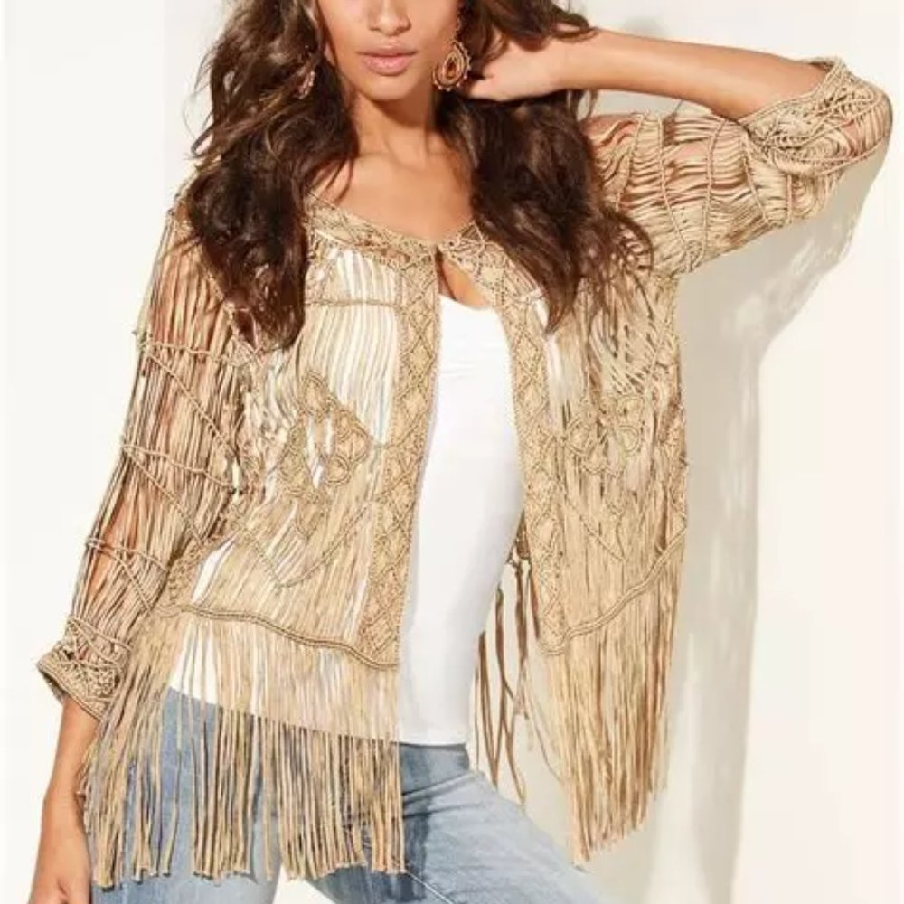 NWT Boston Proper Macrame Fringe Cardigan Boho XXS  over-sized & fits like a M-L